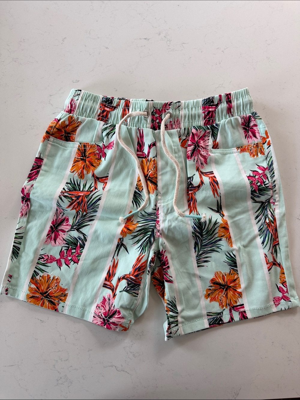 Men's Mint Floral Stripe Shorts with Drawstring Waist